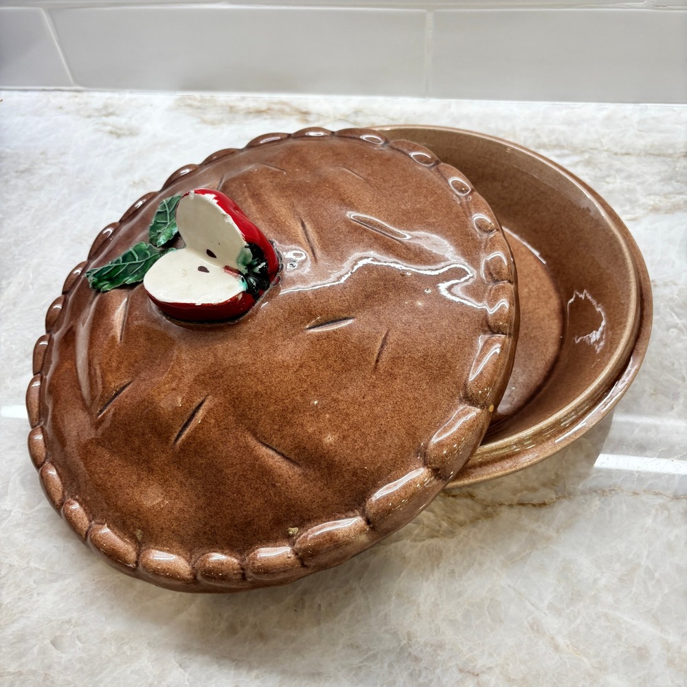 Vintage Portuguese‎ Pottery Covered Apple Baker Dish Brown Lidded Casserole 10"